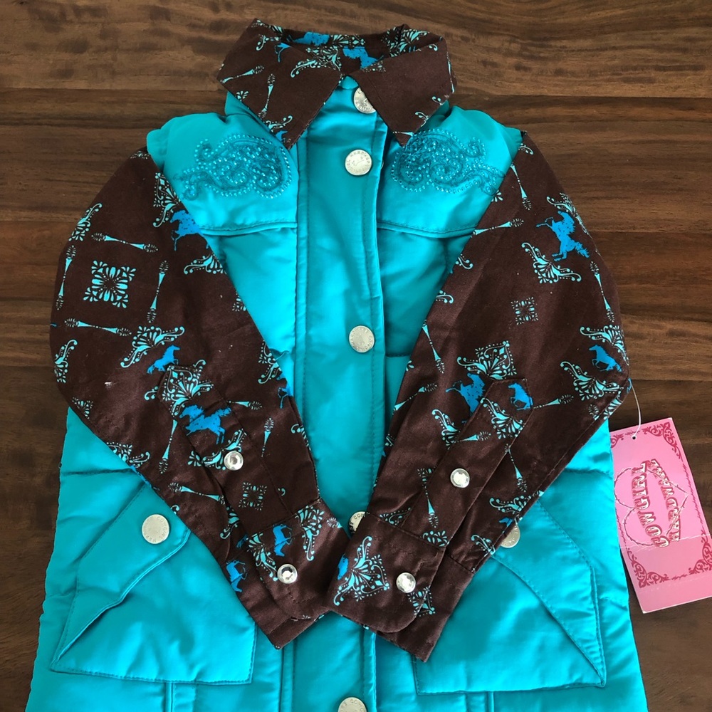 Toddler Girl's Cowgirl Western Turquoise Puffer Jacket and Horse Shirt Size 12M